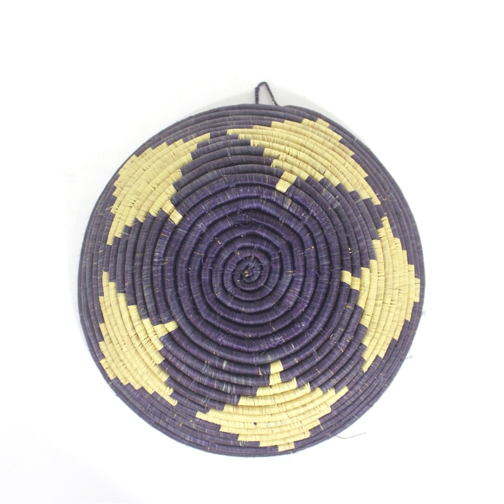 Vintage 10” African Coiled Straw Basket Purple Blue Beige Hand Woven Wall Basket